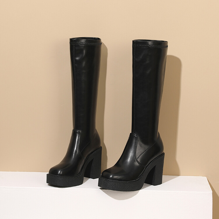 2023外贸新款欧美风格圆头防水台粗跟高跟中筒弹力超纤女靴子跨境