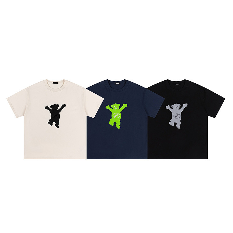 跨境爆款welldone全球限定小熊正反面植绒印花bf风男女情侣短袖t