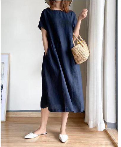 Simple Art-Style Loose Slimming Cotton Dress Women's Summer 2023 New Large Size Plump Girls Mid-Length Dress