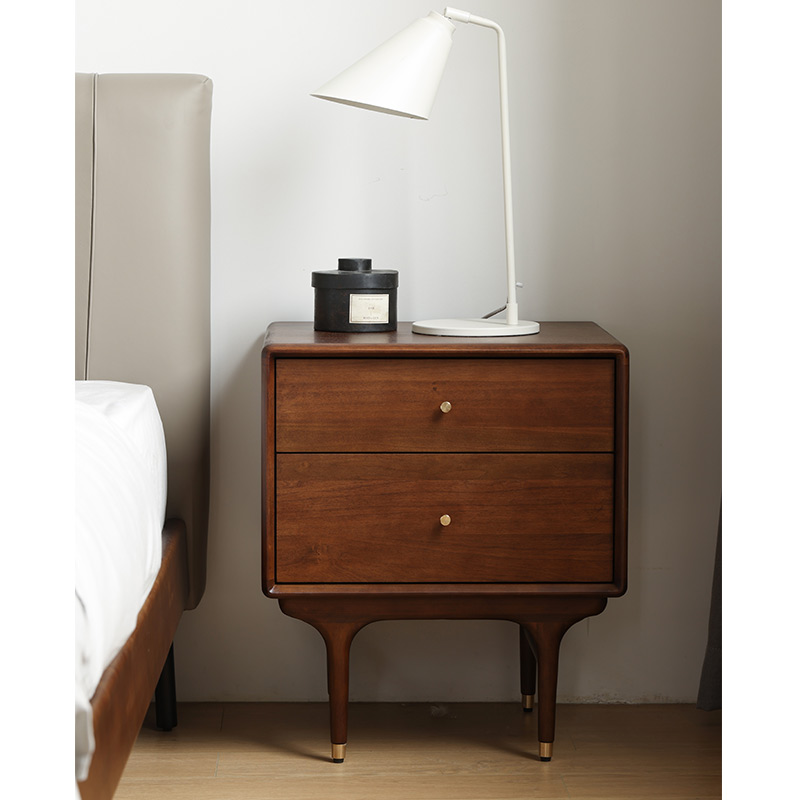 北欧日式表情e10床头柜中古mcm进口双抽实木边几收纳柜胡桃木色