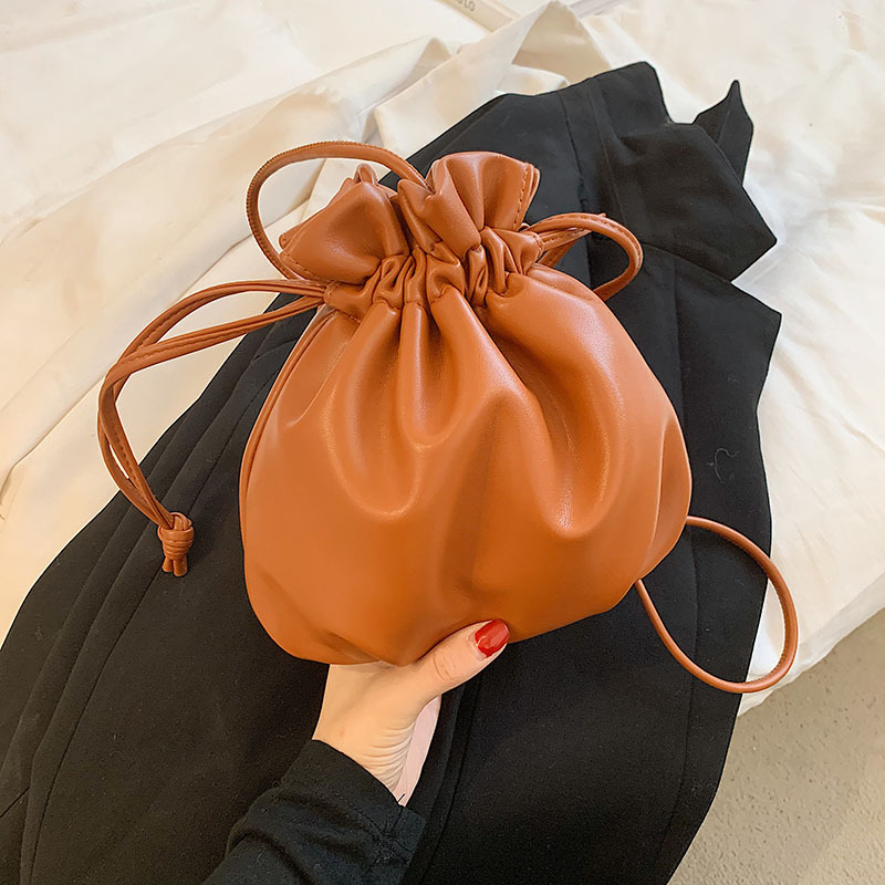 Korean Style Fashion Drawstring Bucket Bag Internet Celebrity Casual Cute Mini Small Cross Body Bag Western Style Soft Leather Solid Color Single-Shoulder Bag