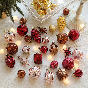 新款圣诞树酒红色电镀八角星松果球挂件装饰圣诞球礼盒吊球装饰品
