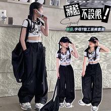 24韩版夏季潮款双头拉链开衫T恤抽绳工装裤套装中大女童表演套装