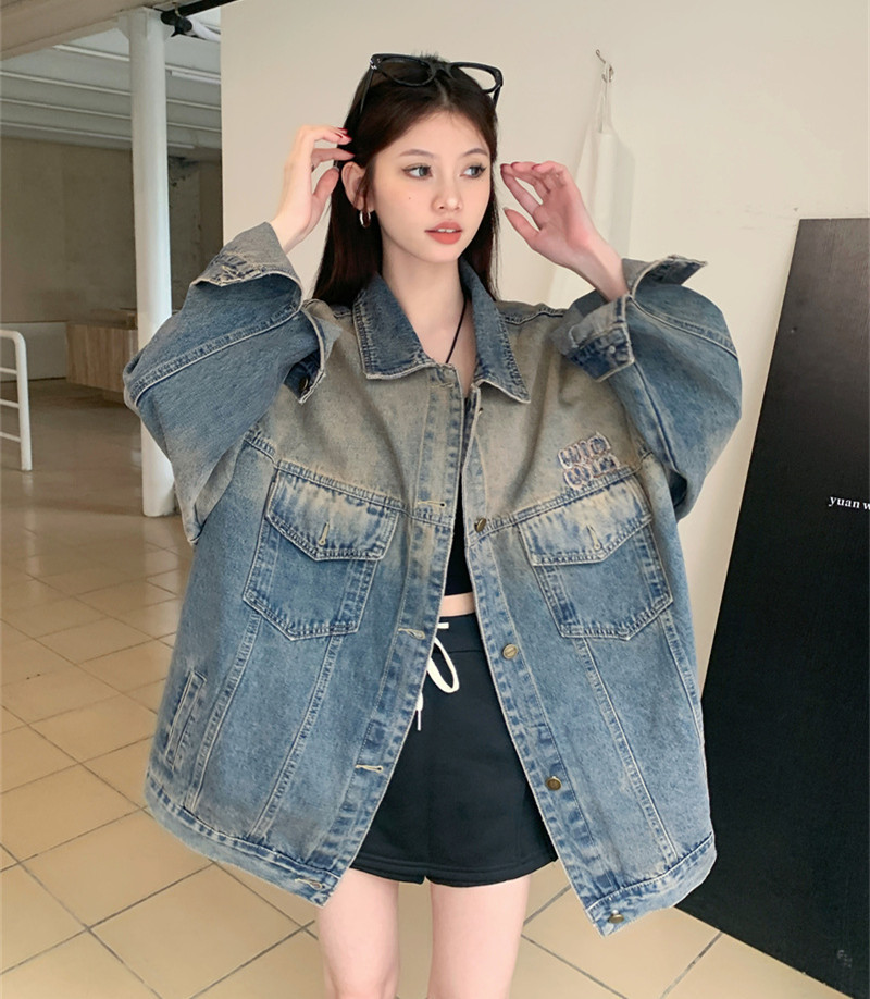 美式复古水洗做旧牛仔外套女春秋新款设计感宽松廓形休闲夹克上衣