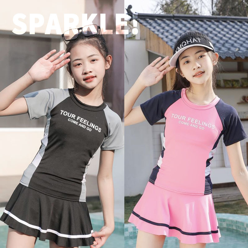 Girls‘ Swimsuit Sports Stitching Split Short Sleeve Sun Protection Medium and Large Children‘s Swimsuit with Chest Pad Children‘s Quick-Drying Student Swimsuit