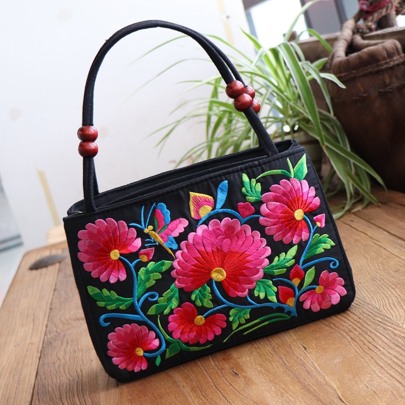 Ethnic Style Bags Double-Sided Flower Embroidery Small Canvas Bag Women's Double Layer Handbag Casual Trend Retro