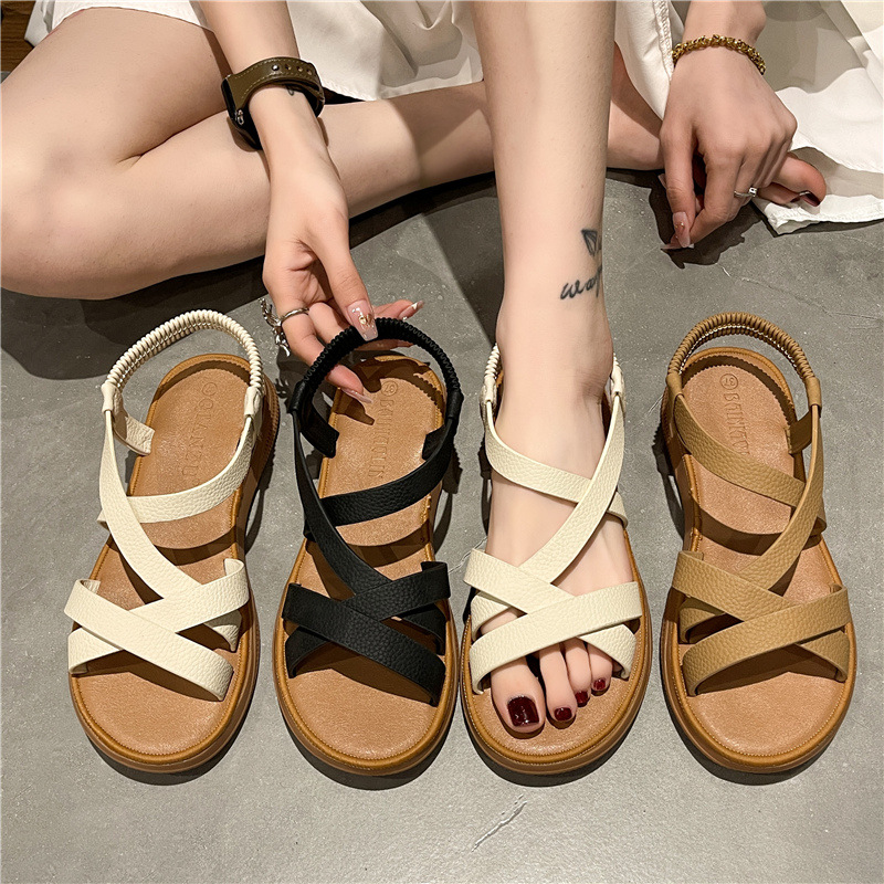 Women's Foreign Trade Sandals 2023 Summer New Roman Fashion Cross Elastic Band Flat Soft Bottom Women's Sandals