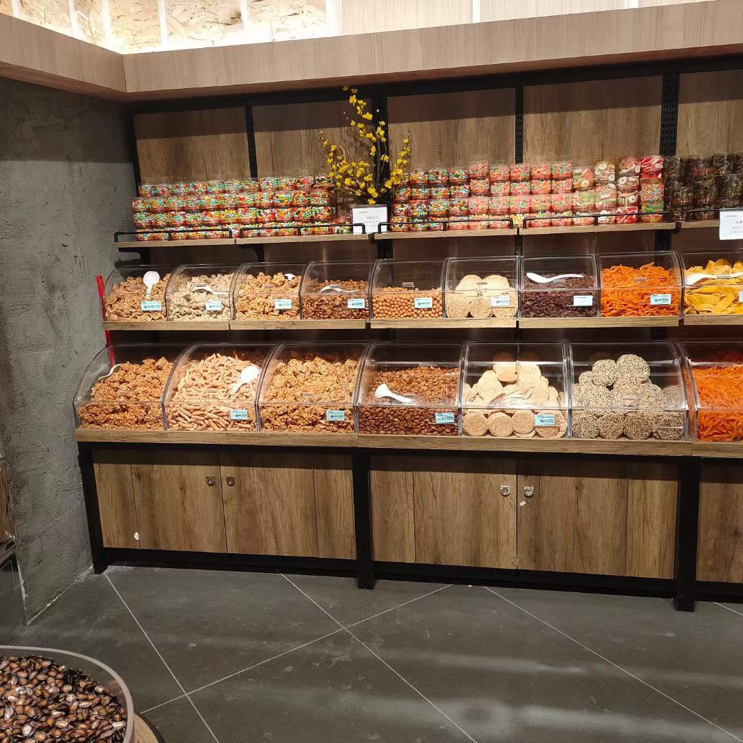 超市干果散装柜 鸡蛋腊肉钢木展示柜 零食特产可调节展柜厂家定制