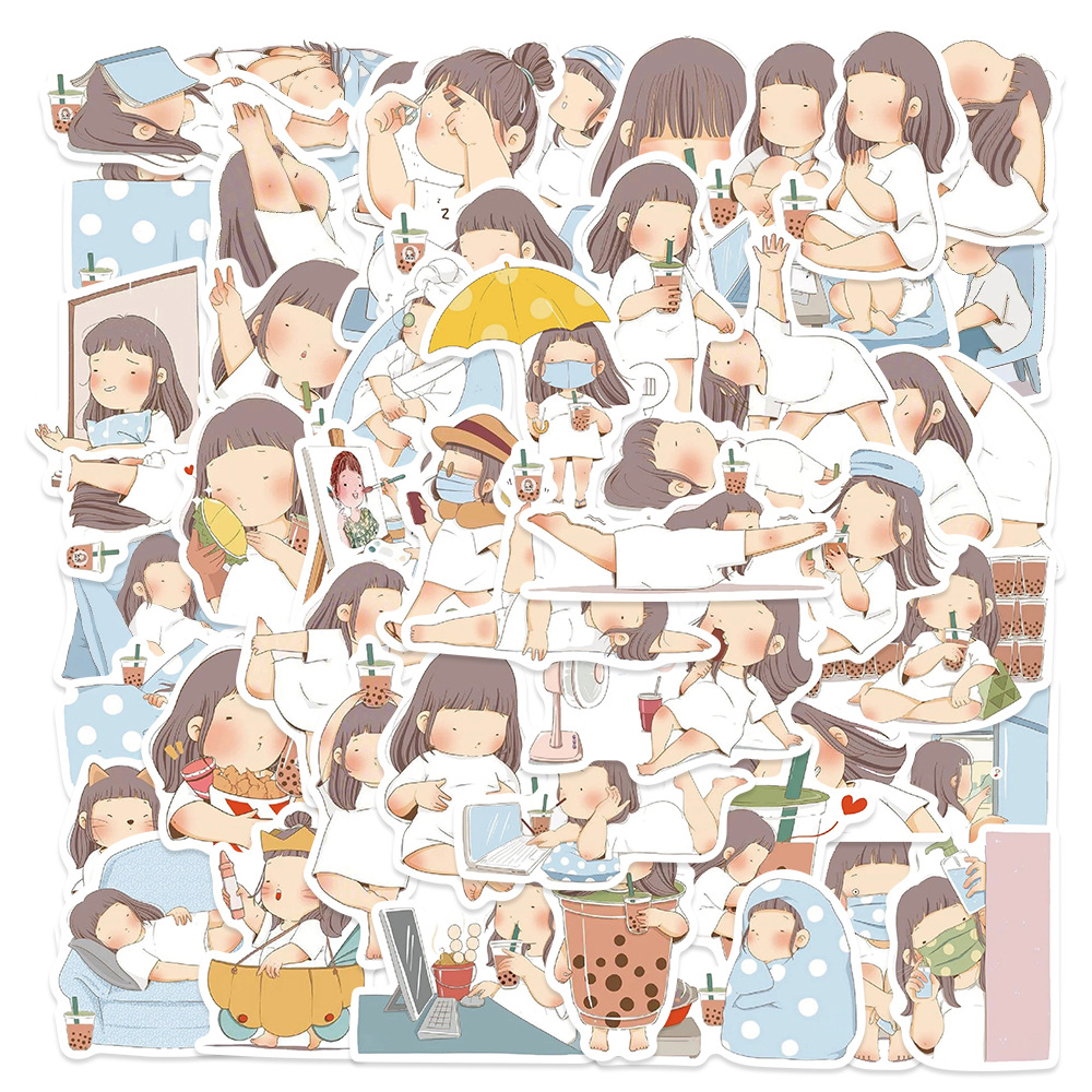 50张可爱胖女孩手账贴纸卡通小人物贴画装饰行李箱日记吉他电动车