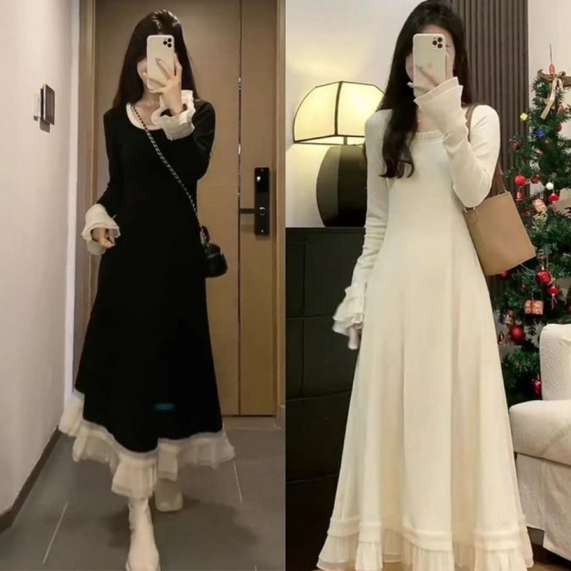 圆领收腰显瘦连衣裙花边大码女装春法式2025优雅打底长裙气质拼接