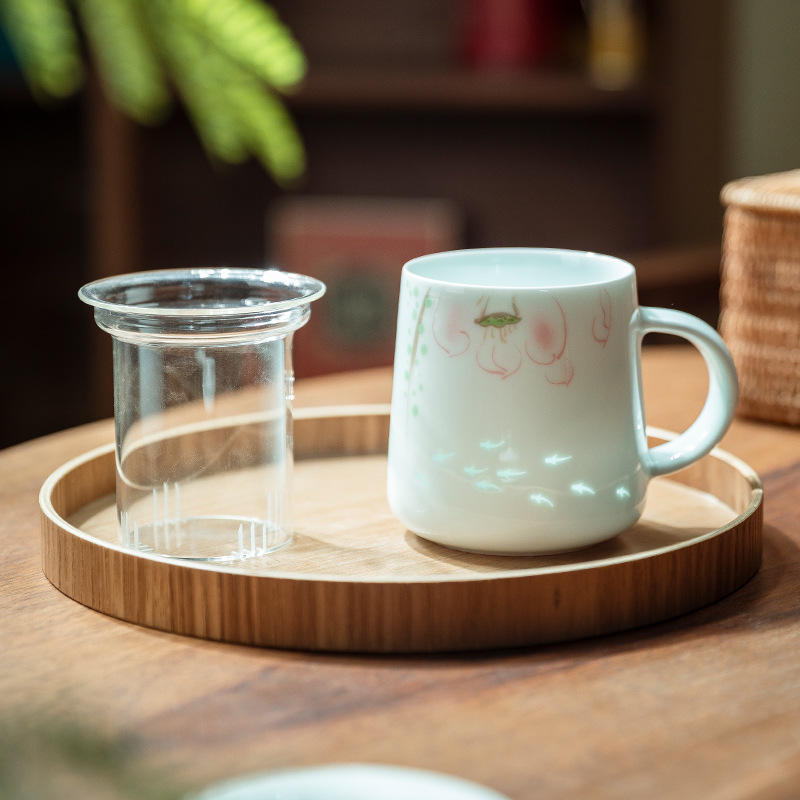 t3ht3h莲年有鱼情侣杯水杯景德镇陶瓷杯子带盖茶杯马克杯礼盒套装