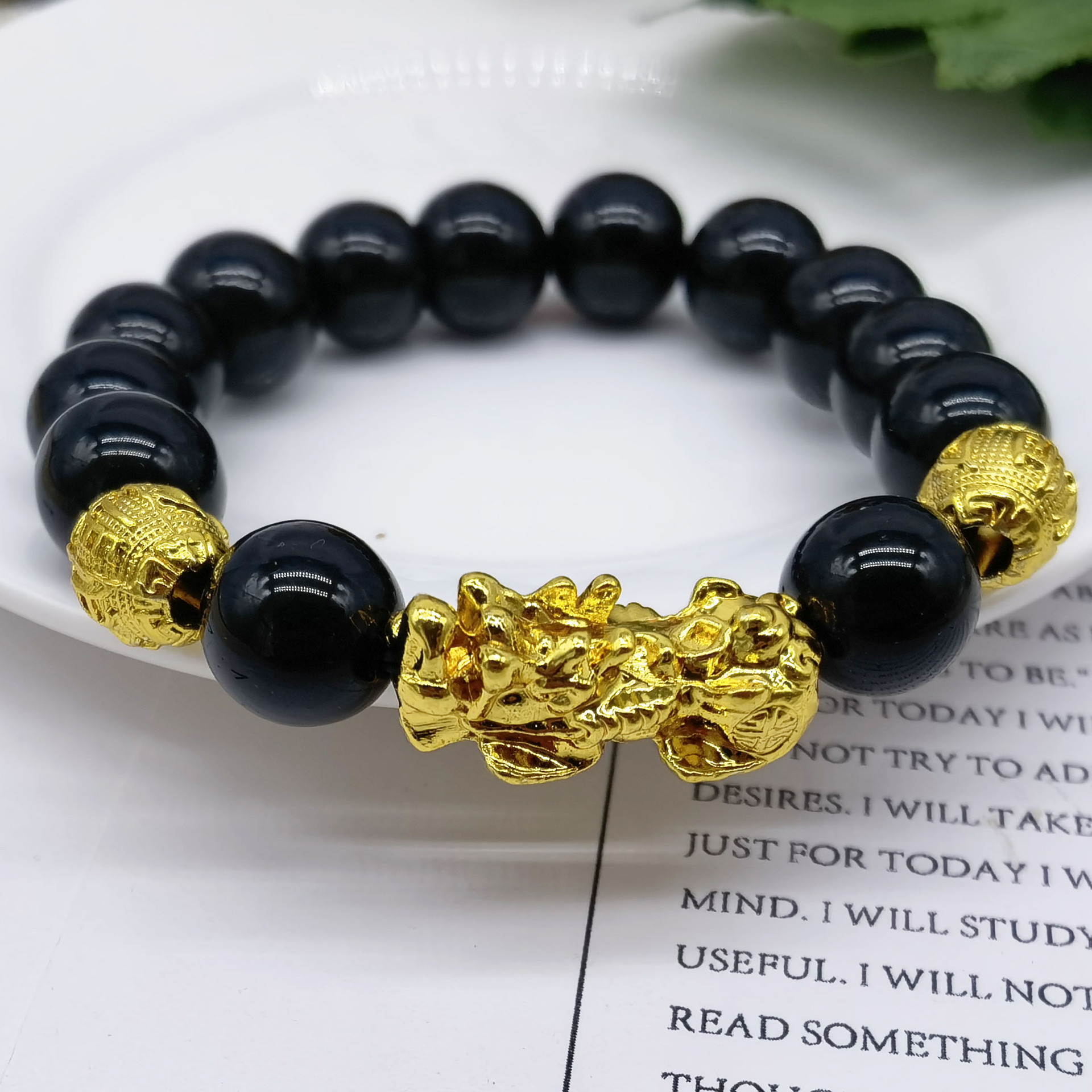 跨境爆款貔貅手链男女仿3d硬金99黑曜石招财佛珠手链现货天然手链
