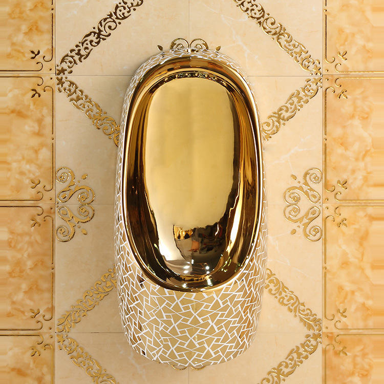 酒店壁挂式金色小便斗挂墙式自动感应男士小便池陶瓷小便器尿斗