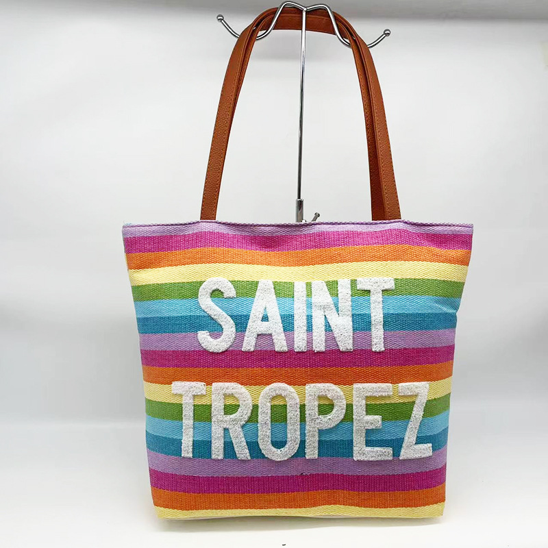 New Straw Bag Women's Large-Capacity Shopping Bags Striped Letters Beach Bag Foreign Trade Handbag Factory Wholesale