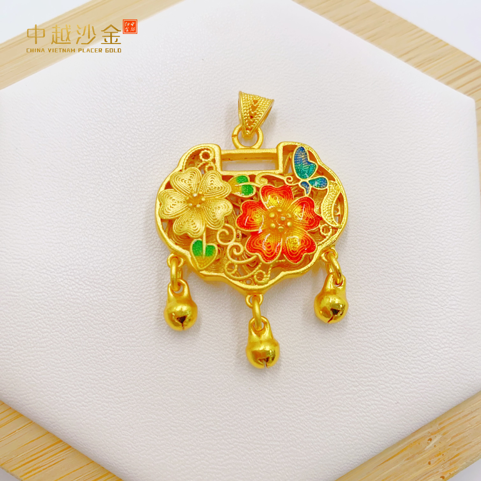 古法金花开富贵长命锁小吊坠项链铜镀金色配件批发宝宝周岁礼