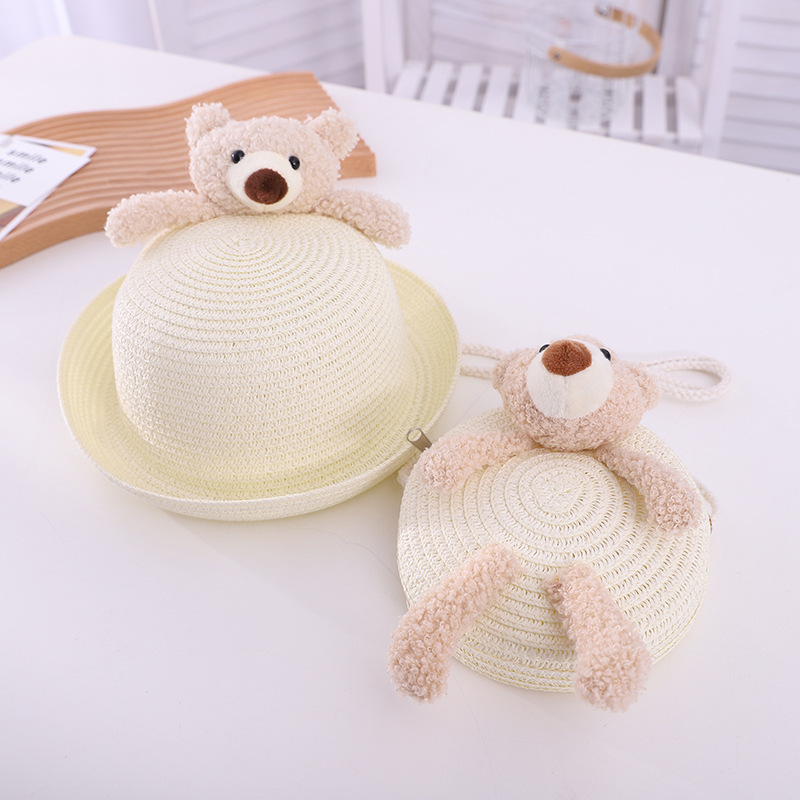 Spring and Summer New Children's Bags Straw Hat Set Dome Small Flip Hat Clothes Accessories Sun-Proof Breathable Straw Woven round Bag