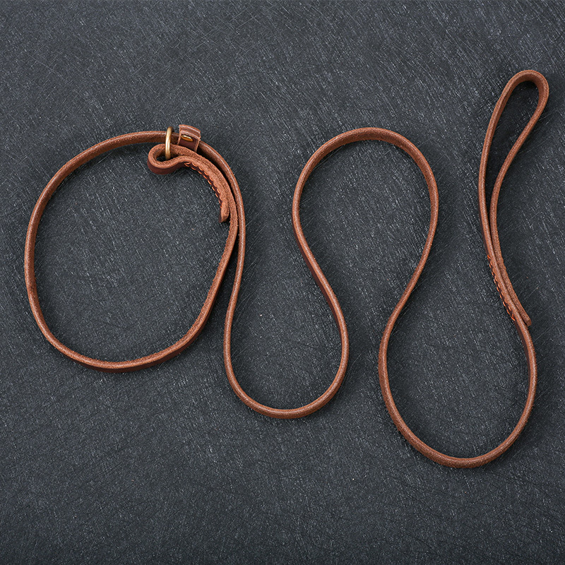 批发头层牛皮牵引绳p链一体防爆冲狗链德牧马犬训练缝线牛皮绳子