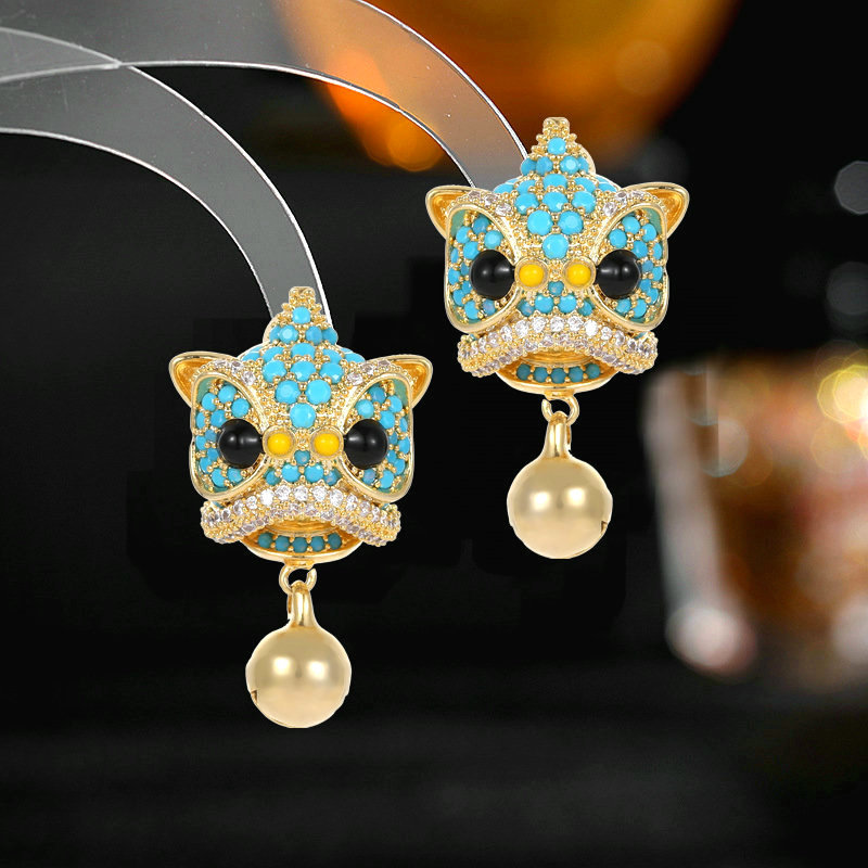 创意醒狮舞狮耳钉锆石镶嵌复古国朝中国风个性设计铃铛狮子头耳环