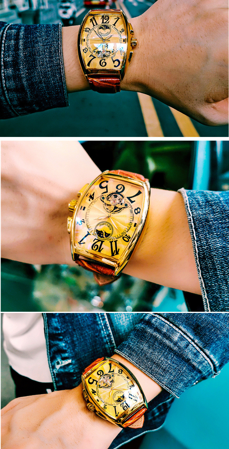 酒桶形手表男防水真皮个性全自动机械表男表夜光日月星辰男士腕表