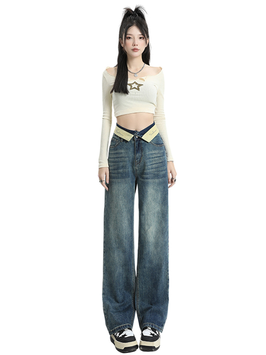 Waist Cuffed Jeans Women's Autumn Design Sense Niche High Waist Drooping Retro Loose Straight Wide Leg Mop Pants