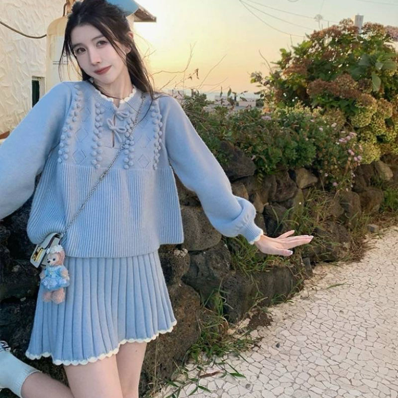 韩版新款小香风蓝色针织毛衣半身裙套装女韩系温柔甜美两件套