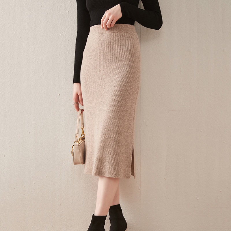秋冬季纯色洋气全羊毛裙下开叉羊毛半身裙女抽条针织裙包臀裙子