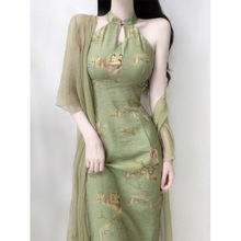 夏季新中式女装古风两件套装辣妹改良旗袍年轻款少女挂脖连衣裙子