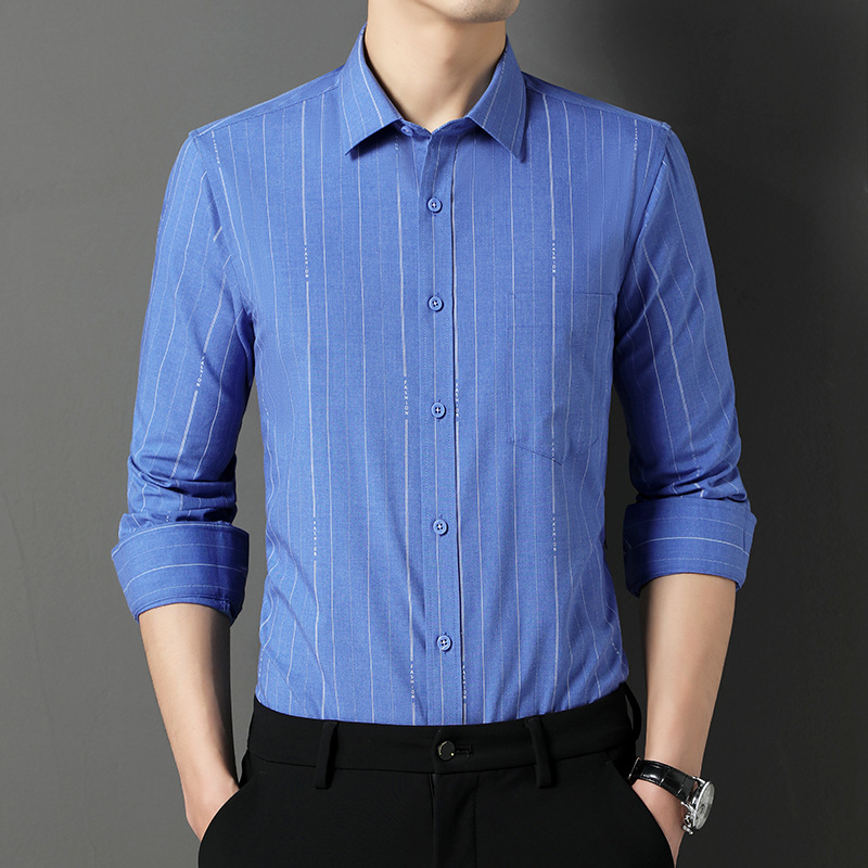 男士秋款长袖衬衫中青年休闲男装薄款条纹上衣免烫尖领衬衣爸爸装