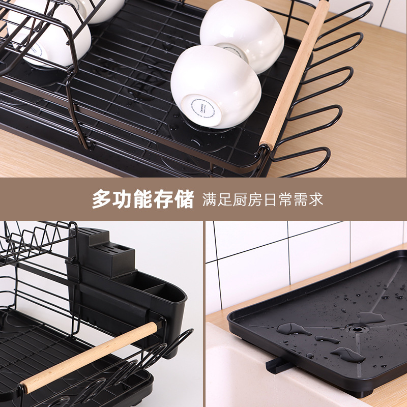 Wholesale Customized Iron Double Layer Black Ribbon Outlet Draining Bowl Rack Chopping Board Cup Set Dish Organizer Storage Rack