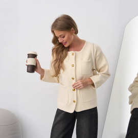 双面尼针织开衫女2025秋季新款法式轻奢小香风小个子短款毛衣外套