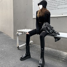 黑色破洞牛仔裤女2024年秋季新款高腰显瘦紧身修身加绒小脚裤