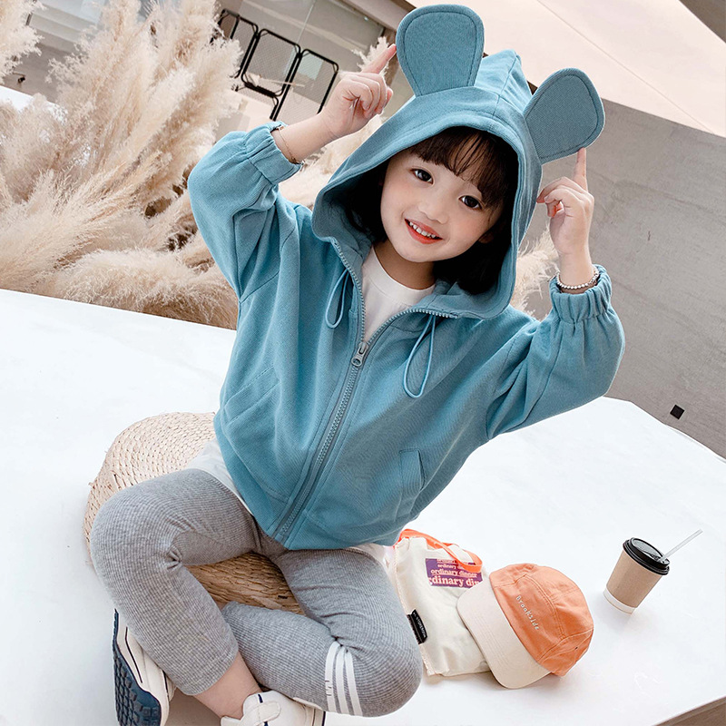 女童立体耳朵外套2021秋款新品女宝宝兔耳朵拉链衫外套儿童夹克衫