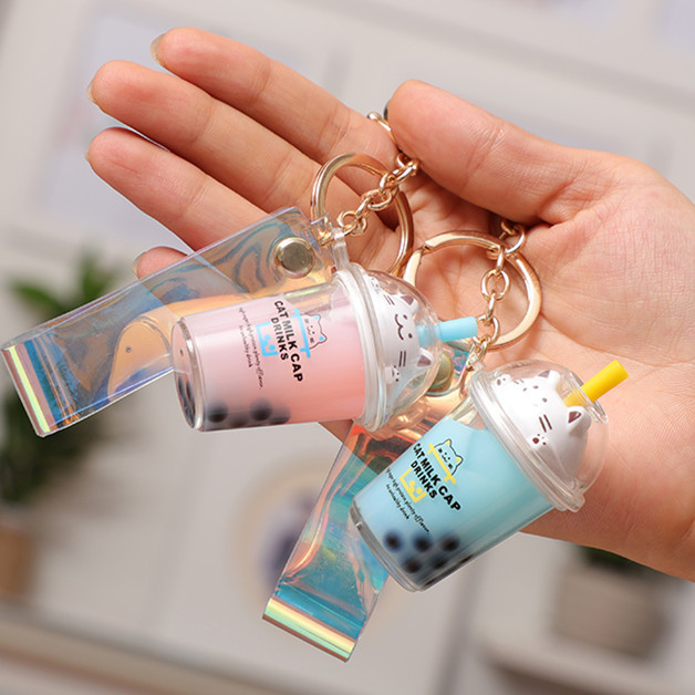 新款卡通猫咪奶茶杯钥匙扣创意可爱亚克力钥匙链圈挂件情侣小礼品