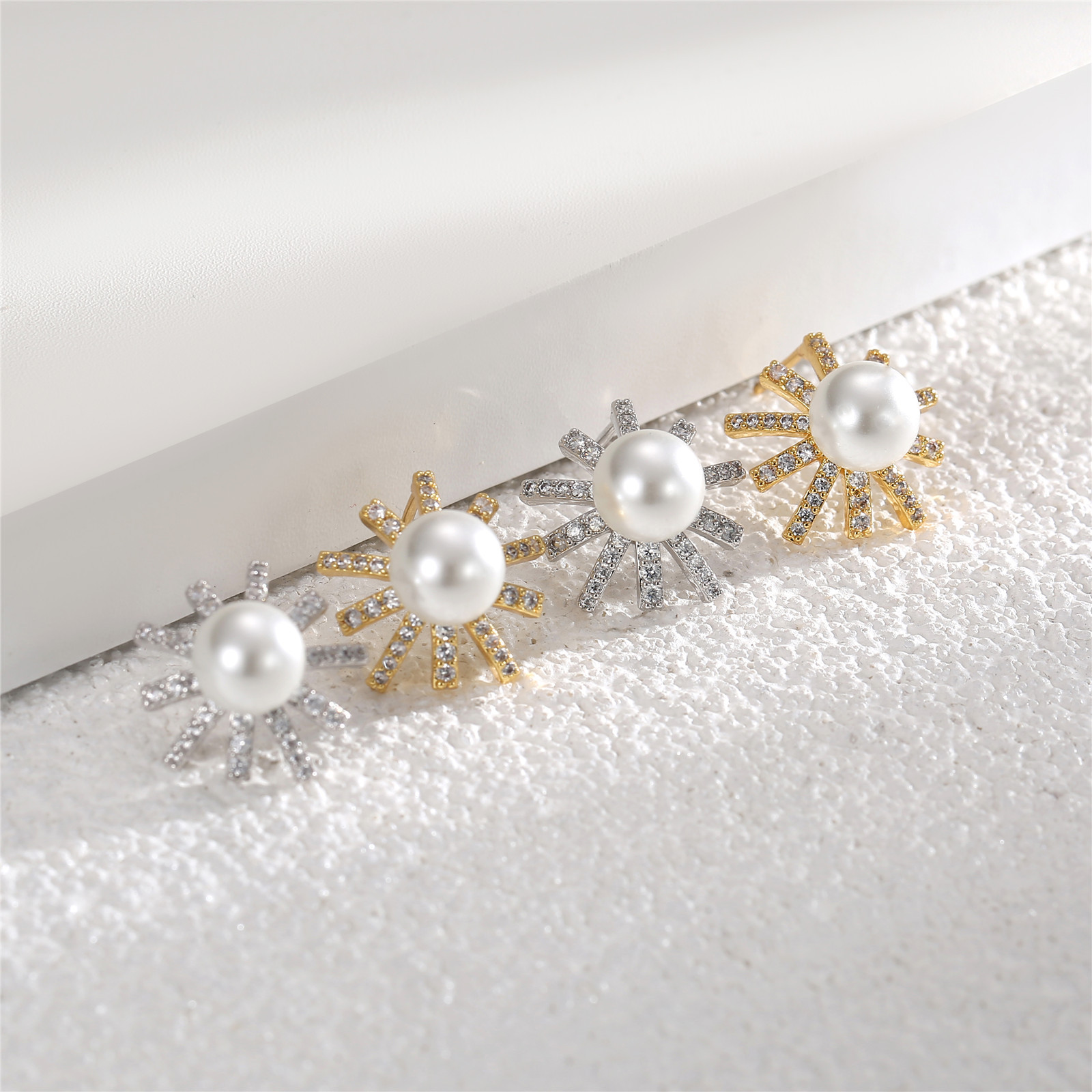 韩国时尚百搭ins风耳饰法式名媛满钻太阳花珍珠耳钉一件代发饰品