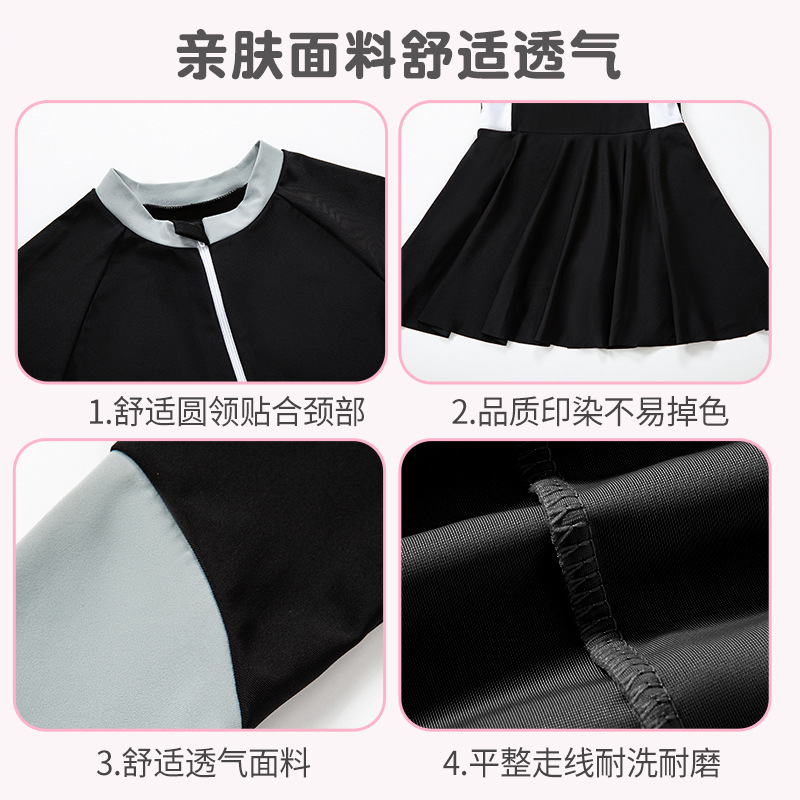 Children's Long-Sleeve Swimsuit Suit Wholesale Student Training Swimsuit One-Piece Type Skirt Hem Girl's Swimsuit Sunshade