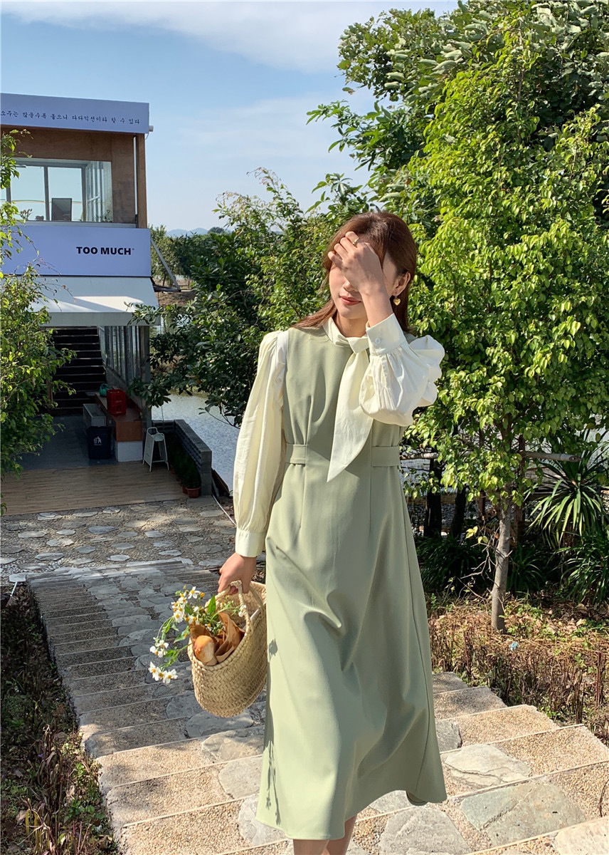vivis 春季法式复古小香风圆领收腰背心裙女中长款气质雪纺连衣裙