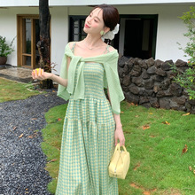 夏季绿野仙踪格子长裙套装绑带高腰清新甜美大摆裙纯色开衫两件套