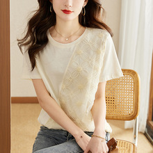 杏色蕾丝拼接短袖T恤女夏季新款韩版宽松圆领设计感洋气体恤上衣