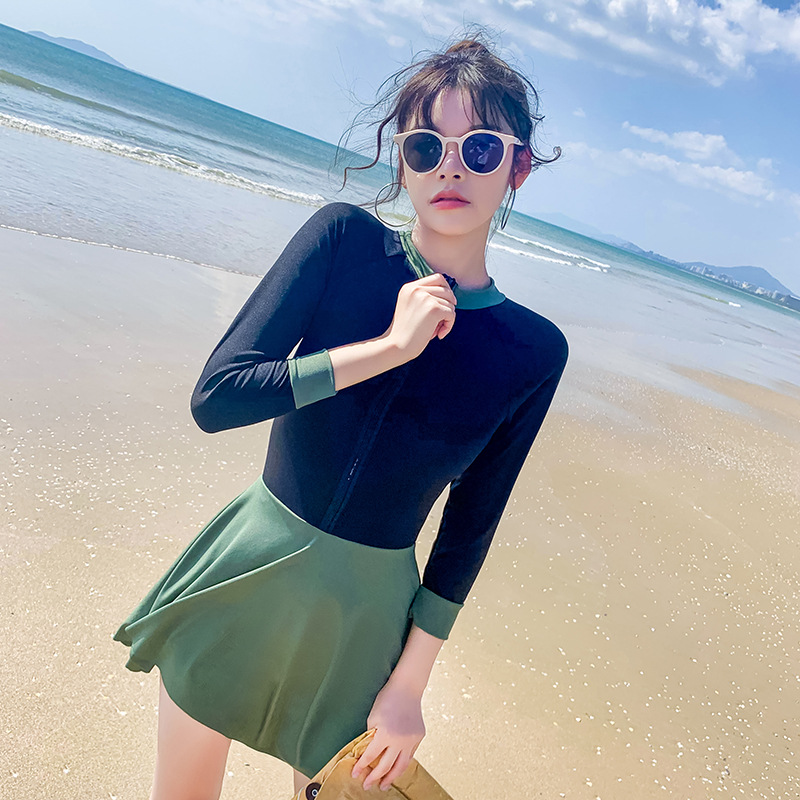 Sports Swimsuit for Women Siamese Cover Belly Thin Conservative Student Swimming Class Long Sleeve Sun Protection Korean Ins2021 New