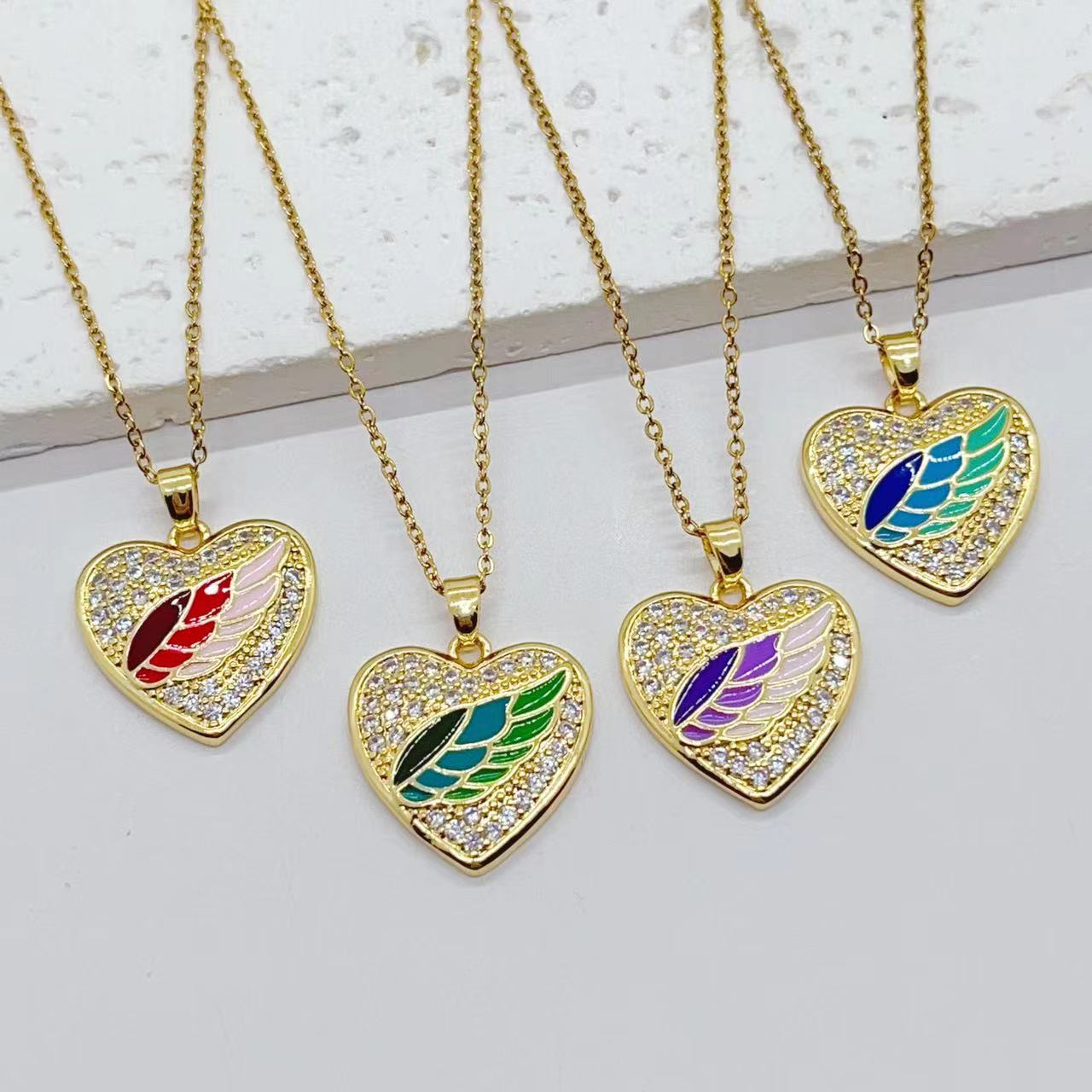 Europe and America Cross Border Fashion Colored Loving Heart Oil Dripping Wings Copper Plated Real Gold Micro Inlaid Zircon 18K All-Match Clavicle Chain
