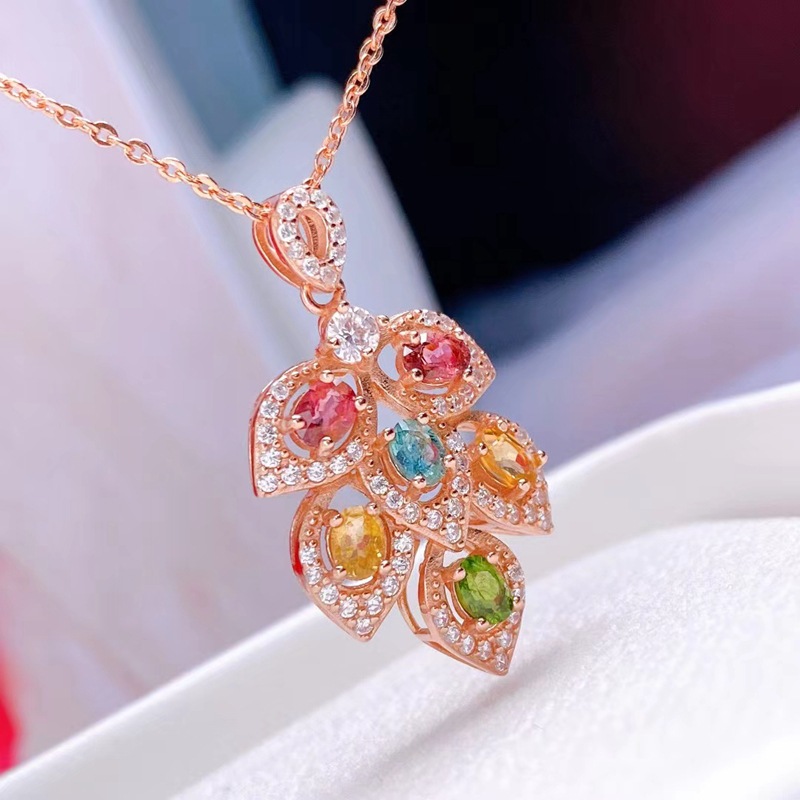 天然碧玺吊坠镶嵌s925银糖果色网红主播货批发项链时尚女锁骨链饰