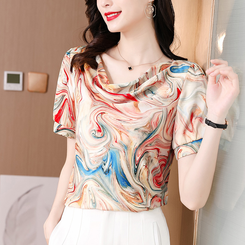 印花冰丝短袖t恤女时尚设计感洋气小衫夏季薄款宽松小众上衣真丝