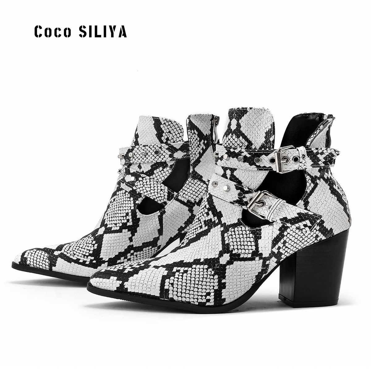 Pointed Ankle Boots Female 2022 New European and American Foreign Trade High Heel Short Chunky Heel Serpentine Belt Buckle Ankle Boots Female Winter