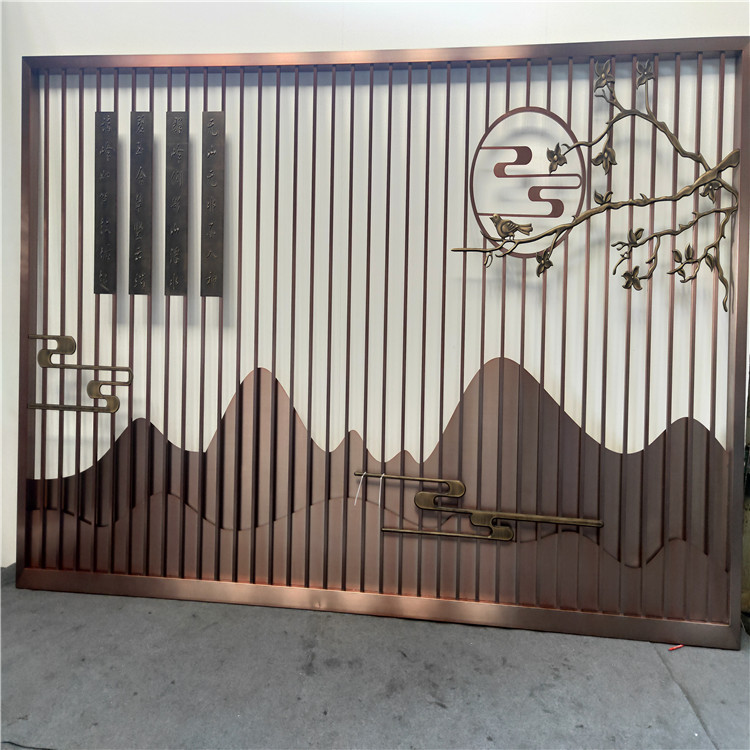 不锈钢山水屏风格栅 园林入口对景不锈钢山水格栅仿铜新中式格栅