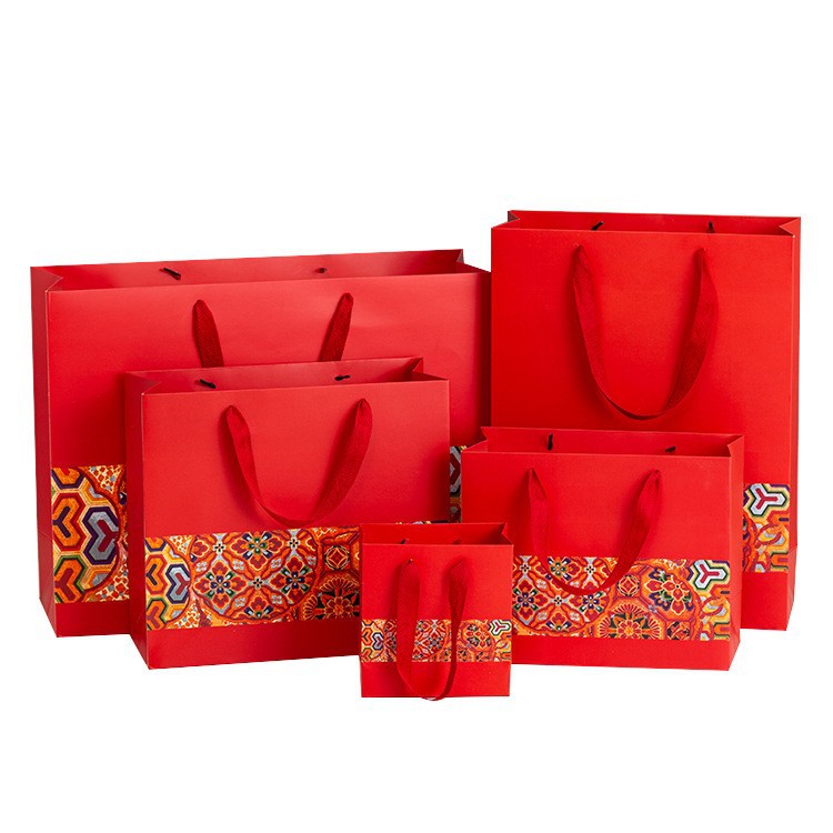 Chinese Style New Year Red Printed Widened Rope Gift Bag Gift Back Hand Paper Bag