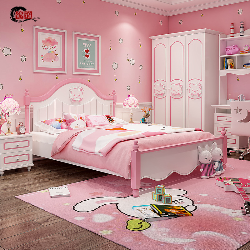 欧式卡通儿童房公主粉红色床现代简约女孩床kitty猫家具组合套装