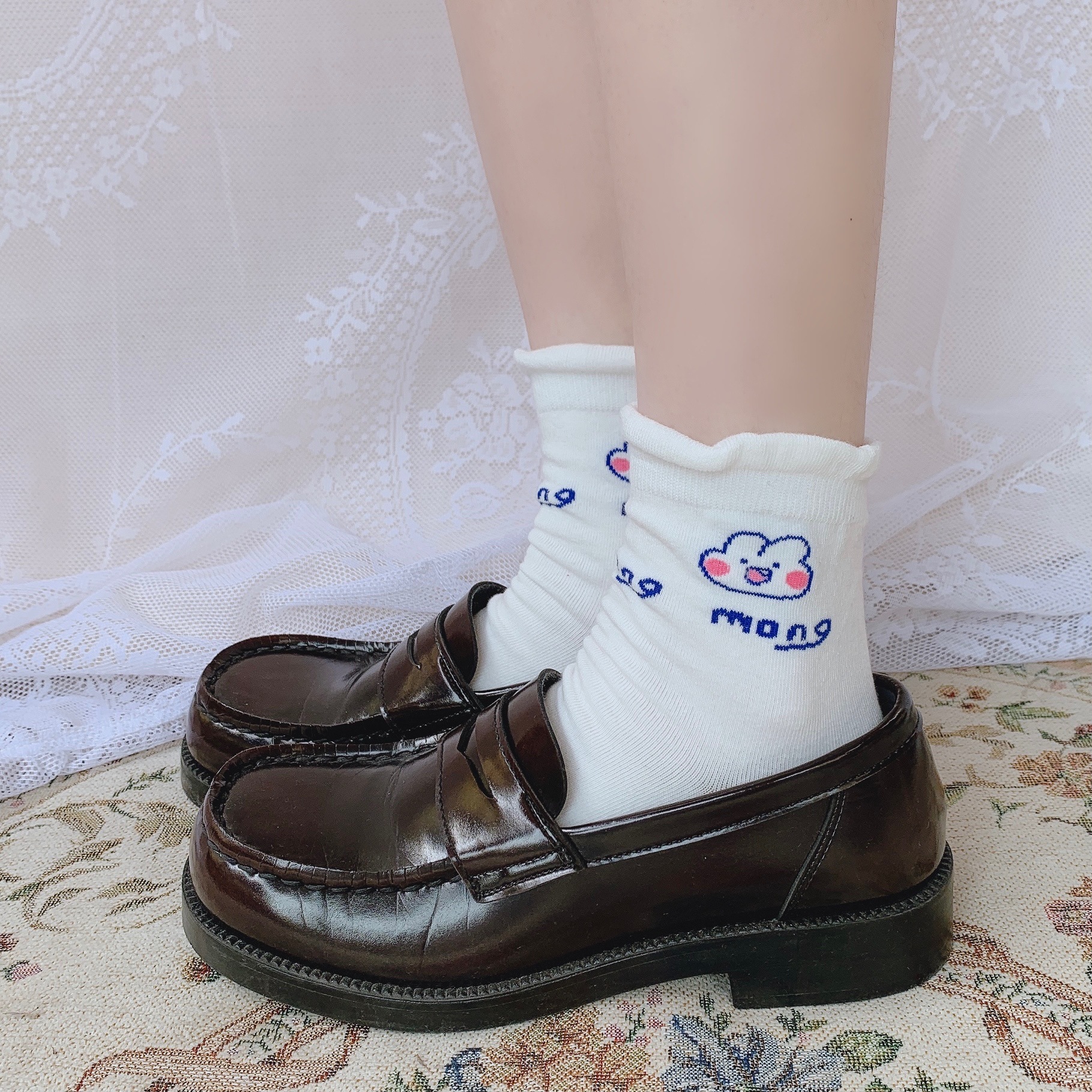 2021春夏新款日系泡泡口中筒袜可爱jk少女短袜ins提花卡通袜批发