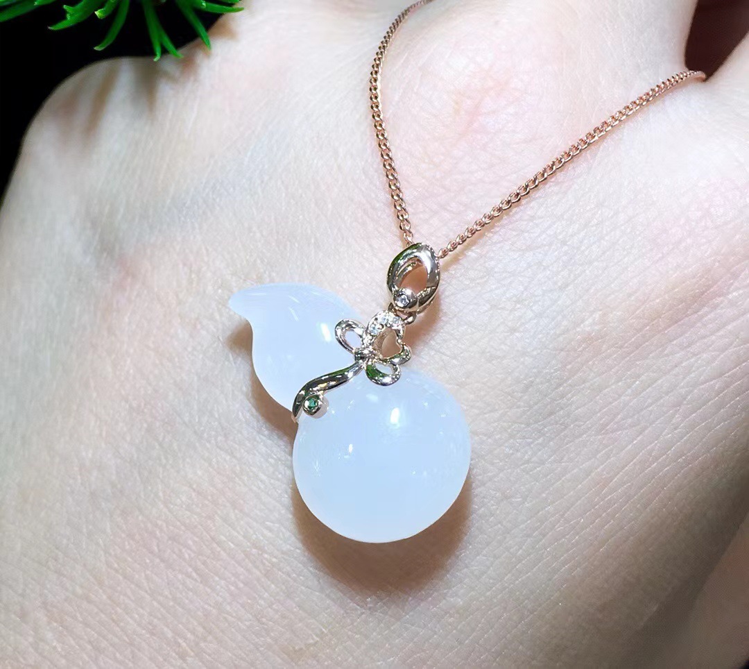 18k玫瑰金镶嵌和田玉葫芦白玉吊坠 羊脂玉福禄玉坠挂件配证书