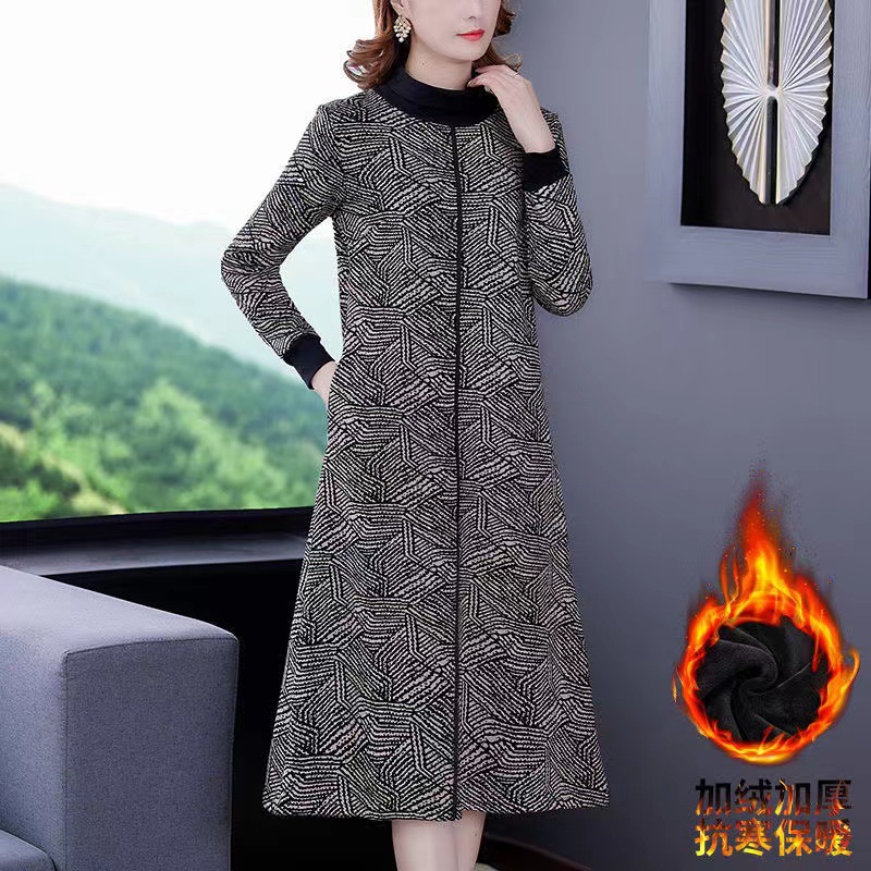 【有口袋】加绒加厚连衣裙女中老年秋冬季新款韩版大码保暖打底裙