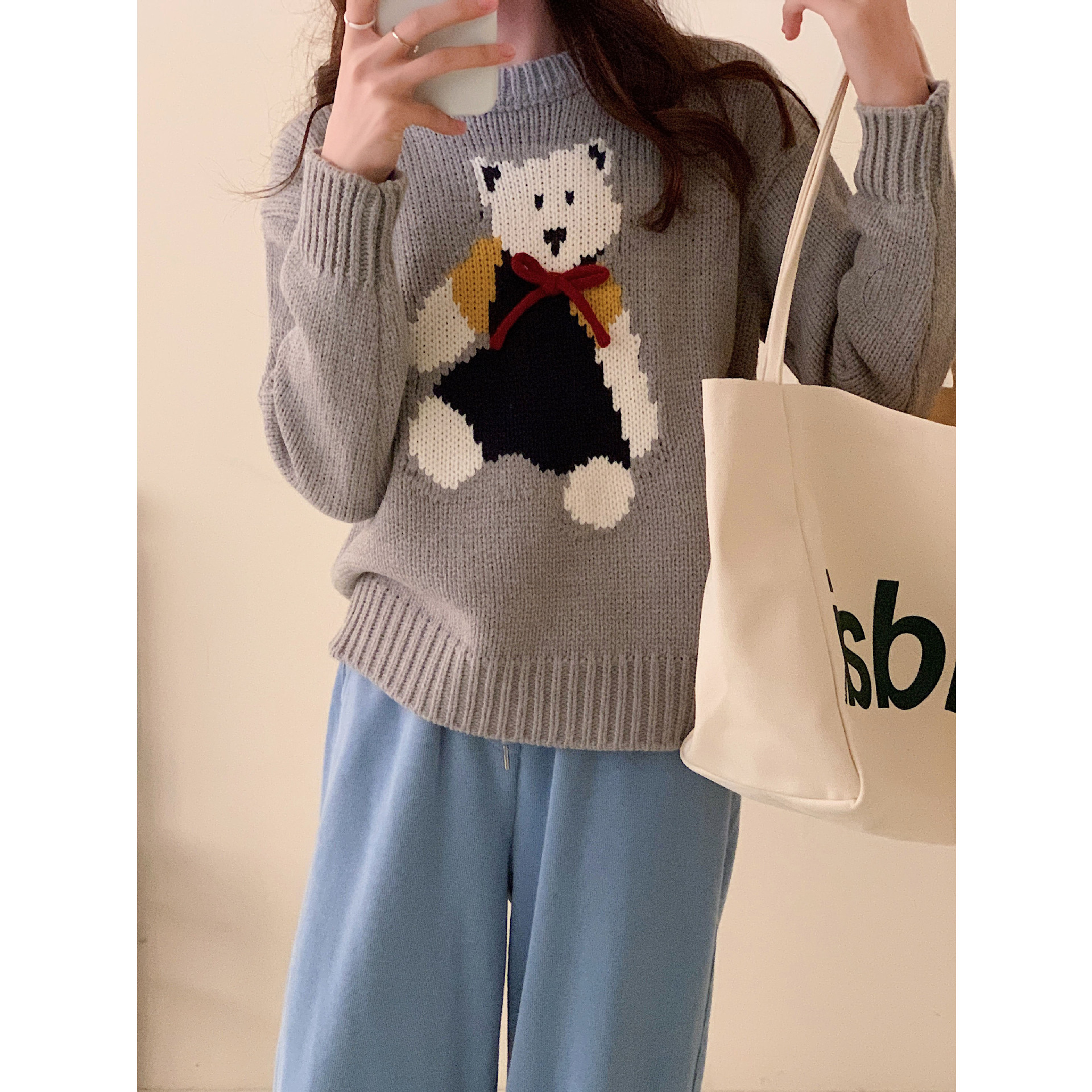 ruiishi韩代粗线拼色蝴蝶结小熊提花套头毛衣2024春新款减龄上衣